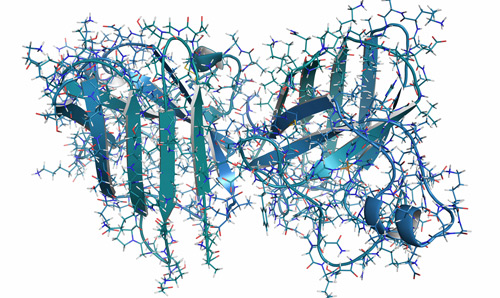 Computer generated image of blue arrows in a molecular structure